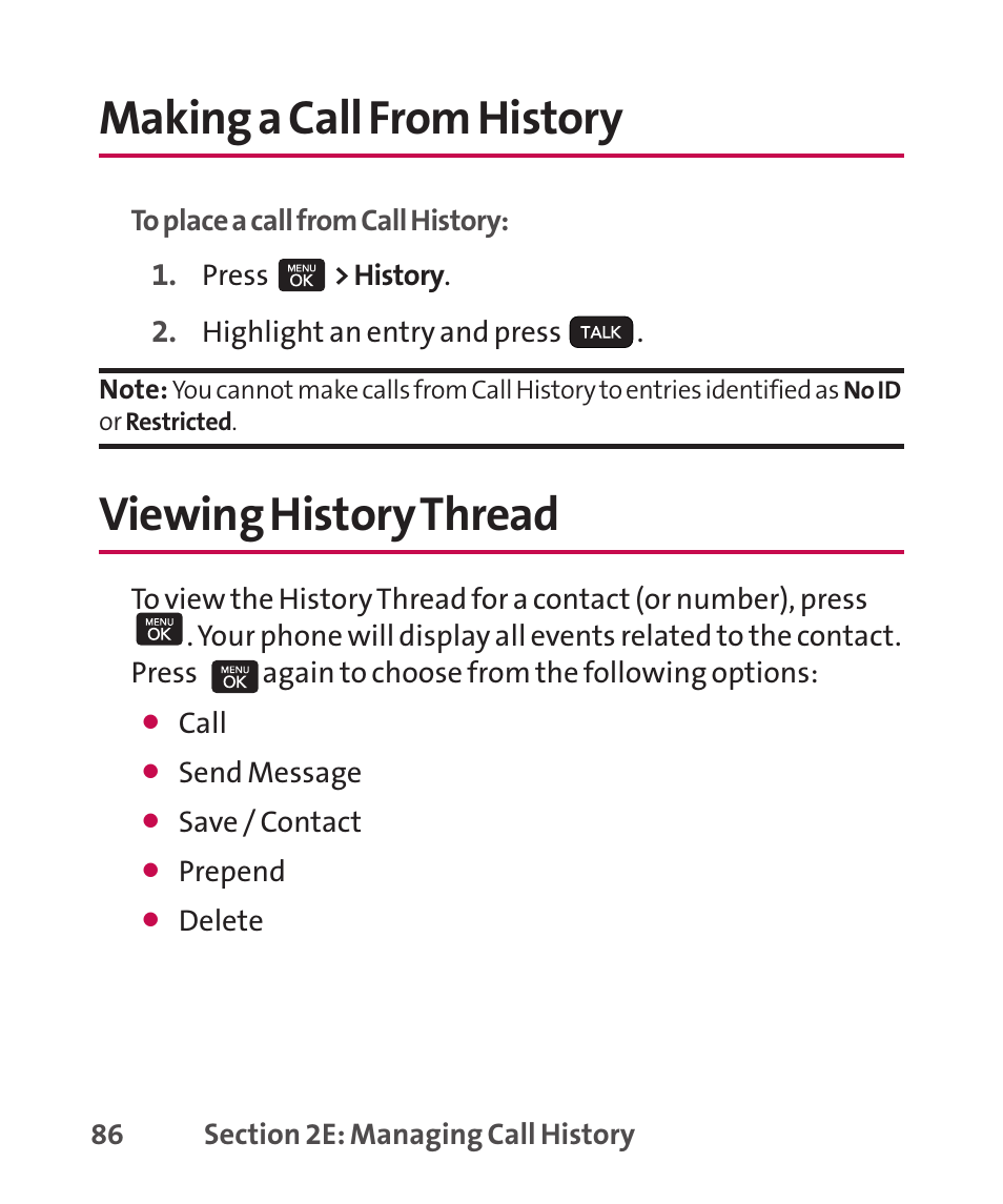 Making a call from history, Viewing history thread, Making a call from history viewing history thread | LG LGLX265 User Manual | Page 100 / 438