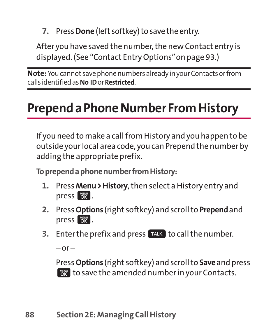 Prepend a phone number from, Prepend a phone number from history | LG LGLX265 User Manual | Page 102 / 438