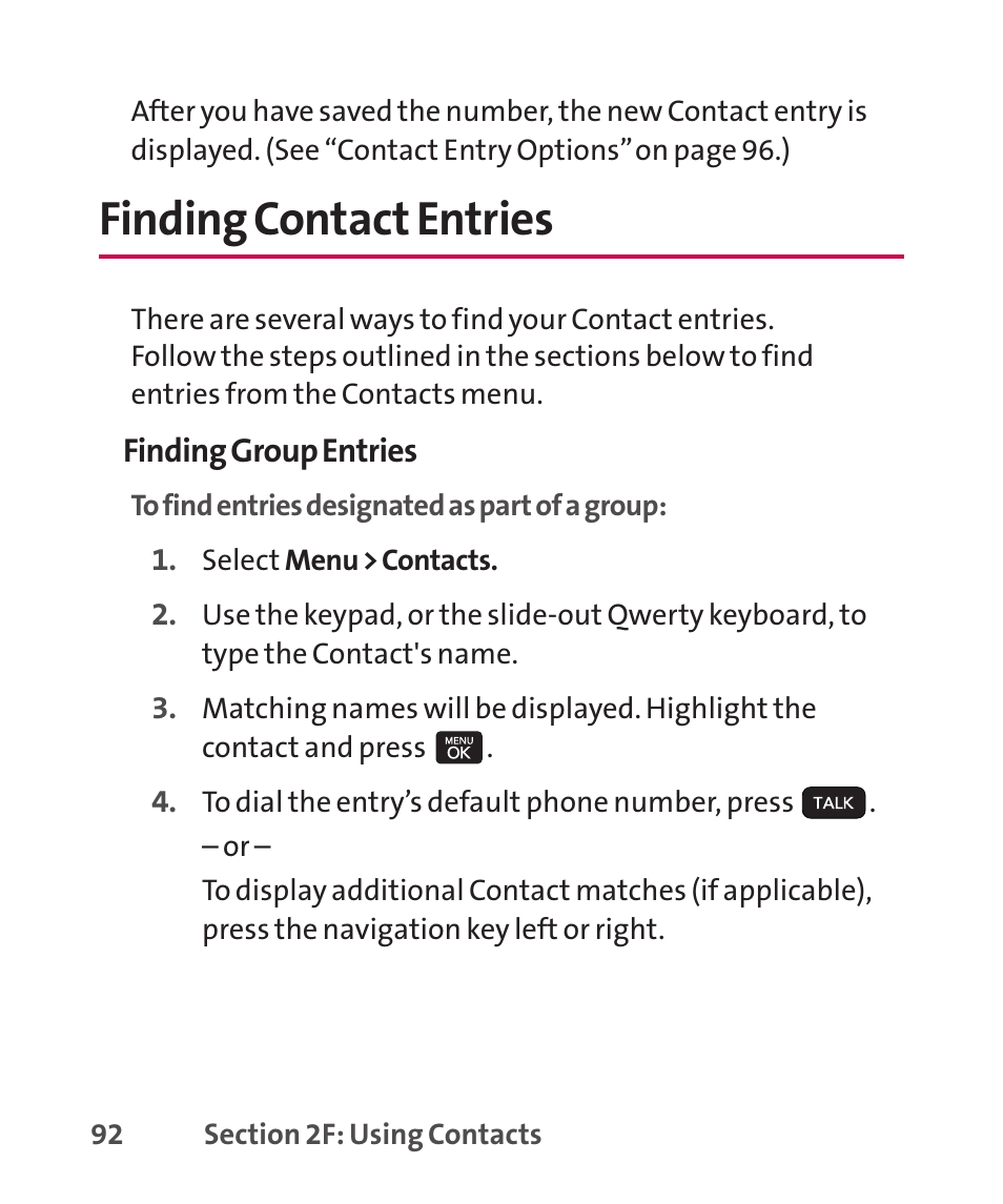Finding contact entries | LG LGLX265 User Manual | Page 106 / 438