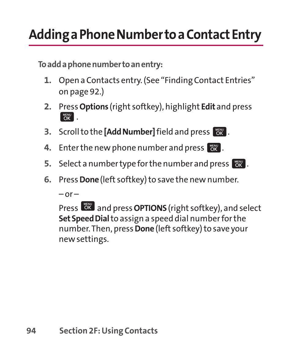 Adding a phone number to a c, Adding a phone number to a contact entry, Adding a phone numberto a contact entry | LG LGLX265 User Manual | Page 108 / 438