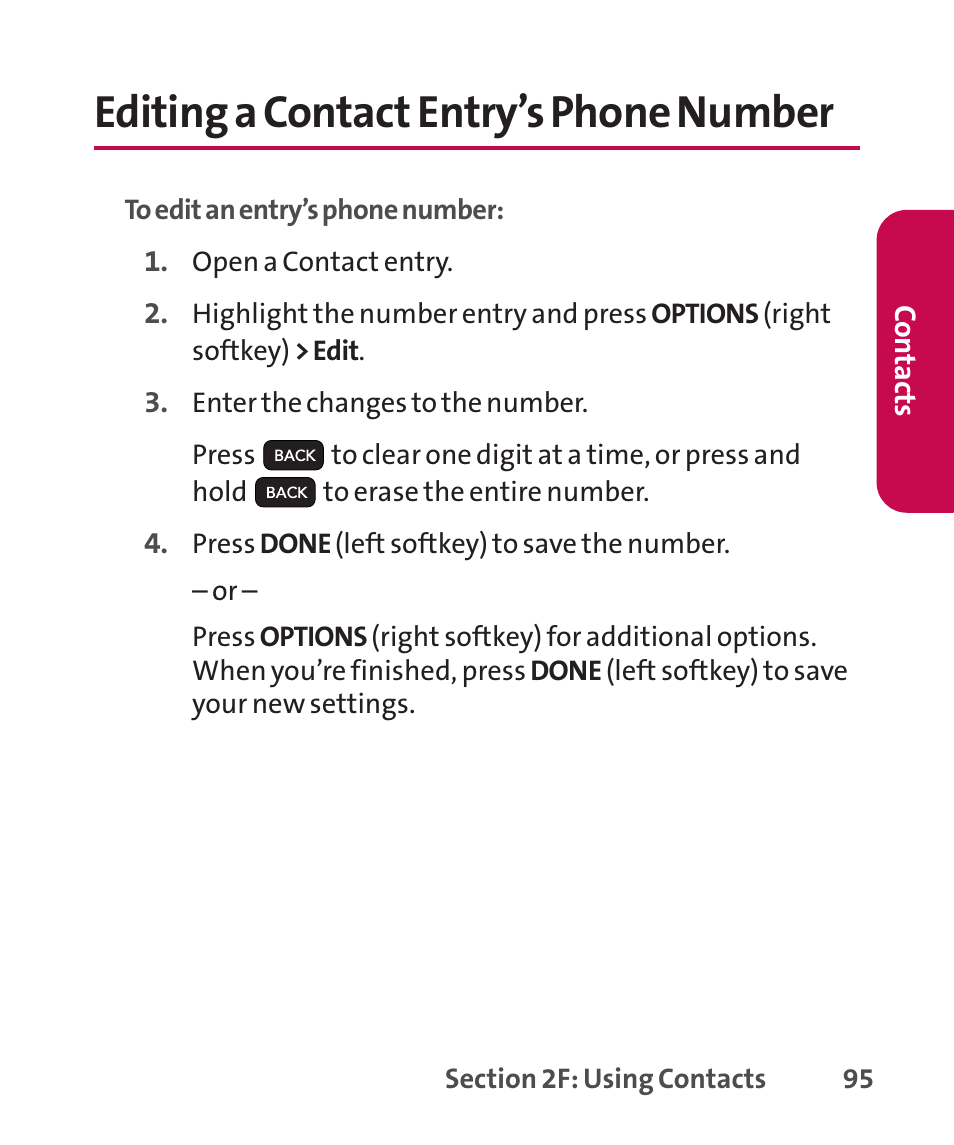 Editing a contact entry’s ph, Editing a contact entry’s phone number | LG LGLX265 User Manual | Page 109 / 438
