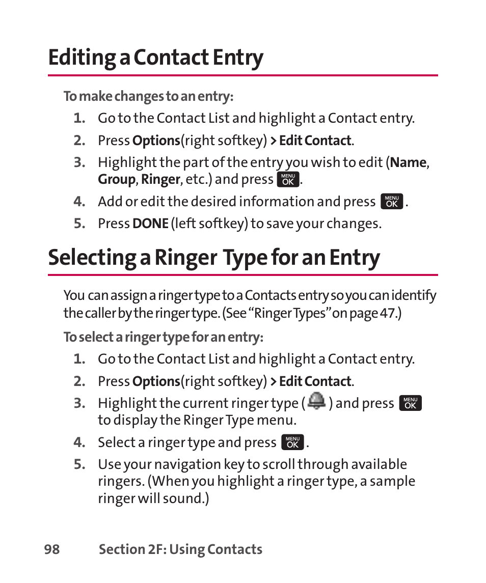 Editing a contact entry, Selecting a ringer type for, Selecting a ringer type for an entry | LG LGLX265 User Manual | Page 112 / 438