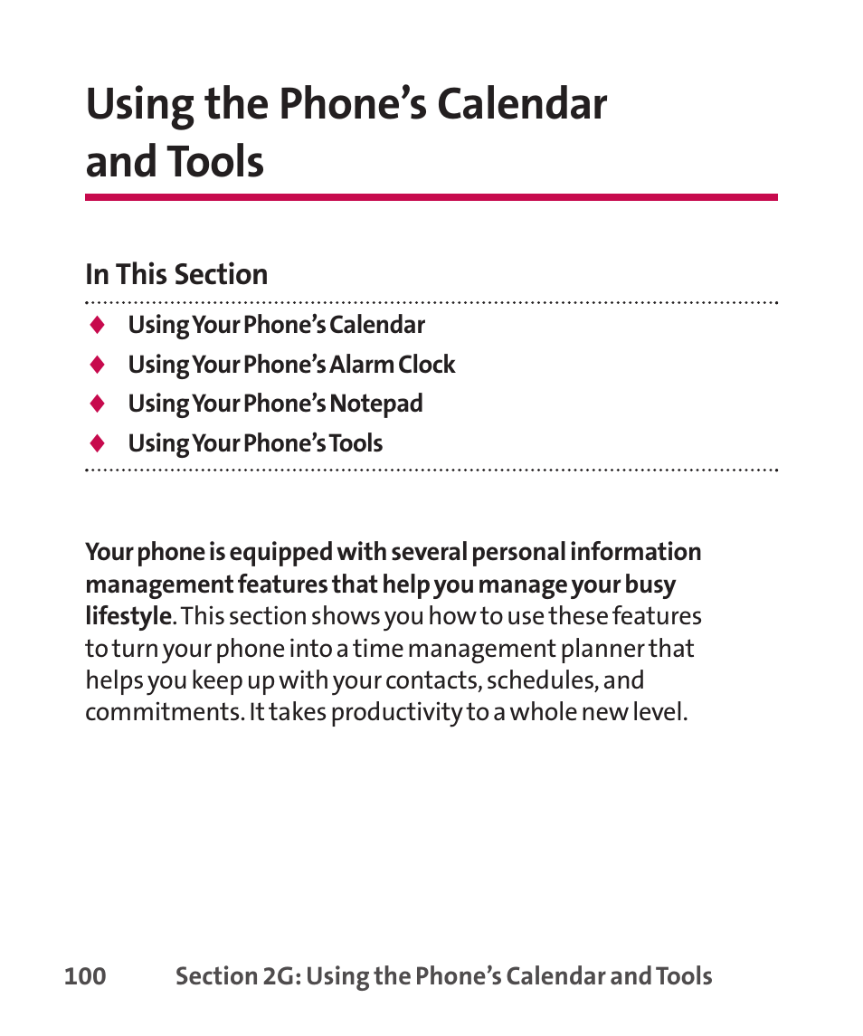 Using the phone’s calendar a, Using the phone’s calendar and tools | LG LGLX265 User Manual | Page 114 / 438