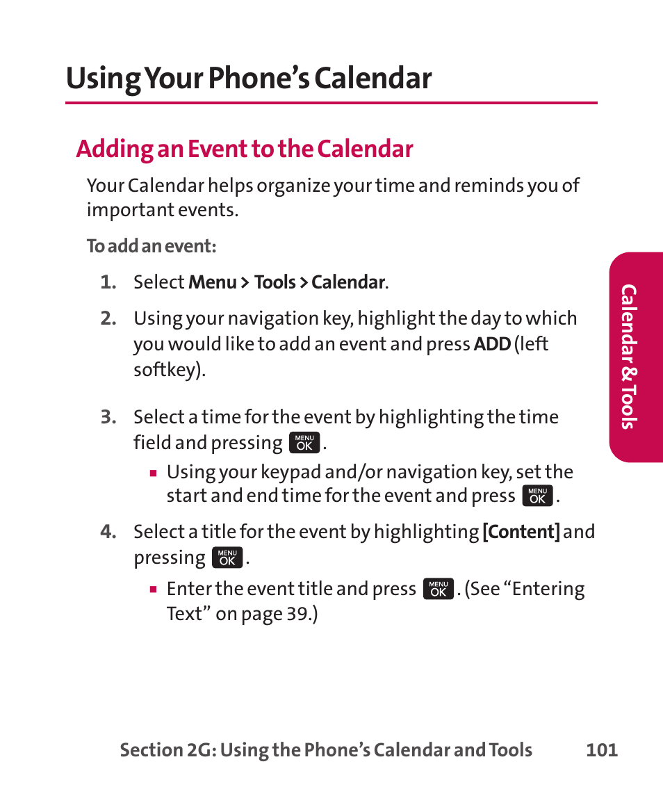 Using your phone’s calendar, Adding an event to the calendar | LG LGLX265 User Manual | Page 115 / 438