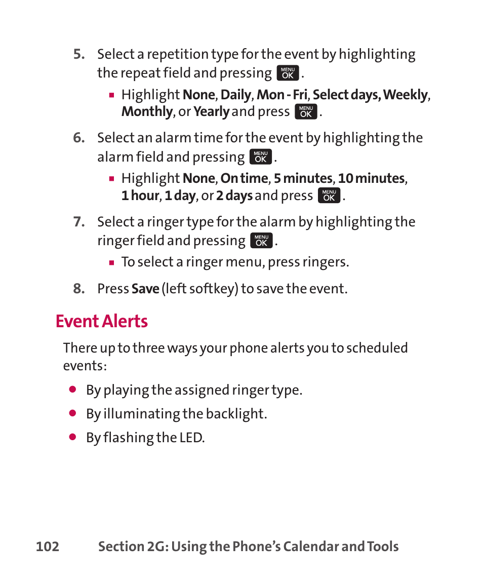 Event alerts | LG LGLX265 User Manual | Page 116 / 438