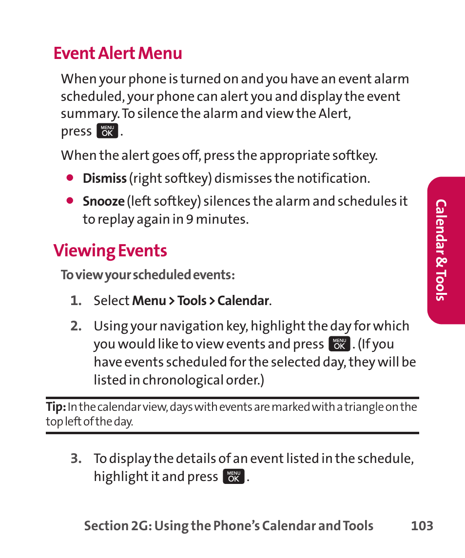 Event alert menu, Viewing events | LG LGLX265 User Manual | Page 117 / 438