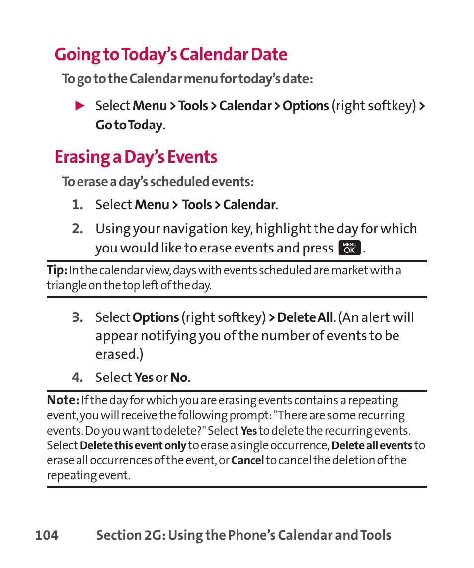 Going to today’s calendar date, Erasing a day’s events | LG LGLX265 User Manual | Page 118 / 438