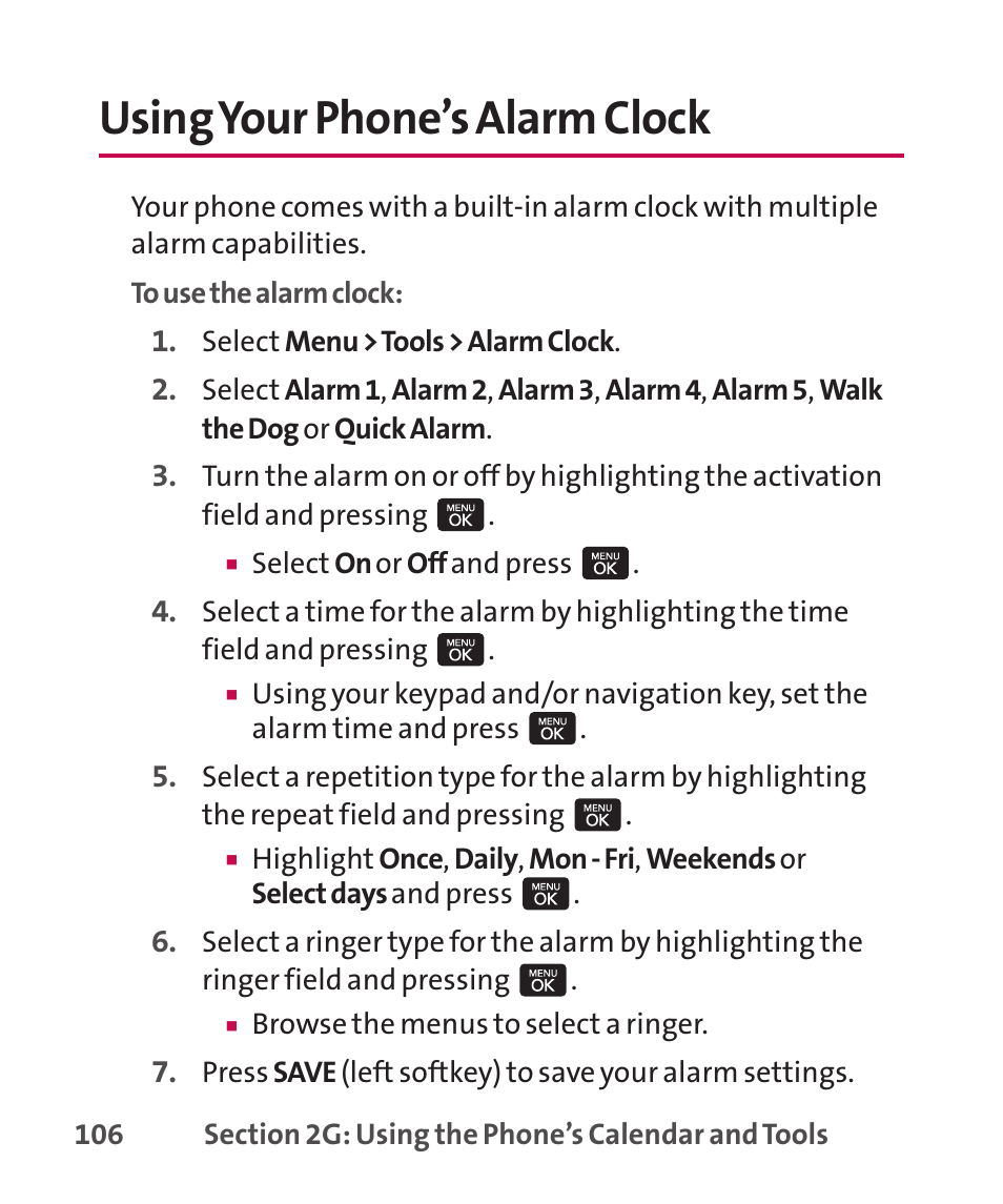 Using your phone’s alarm clock | LG LGLX265 User Manual | Page 120 / 438