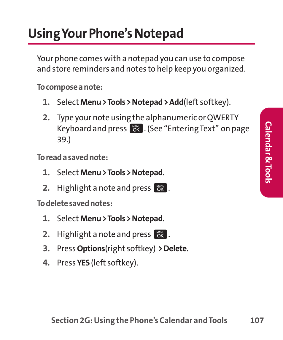 Using your phone’s notepad | LG LGLX265 User Manual | Page 121 / 438