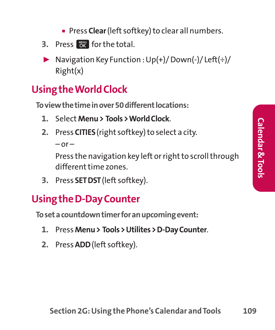Using the world clock, Using the d-day counter | LG LGLX265 User Manual | Page 123 / 438