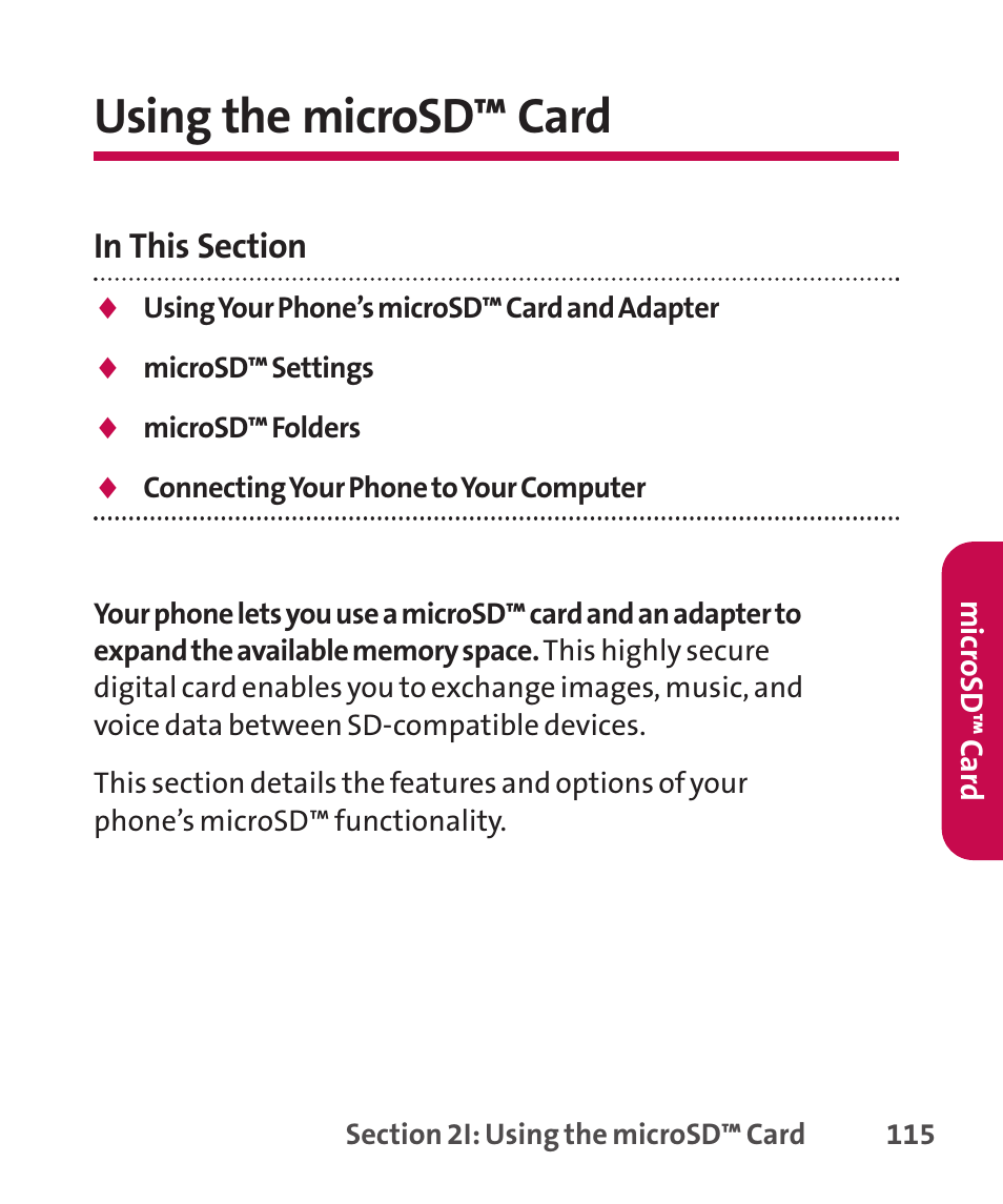 Using your phone’s microsd, Using your phone’s microsd™ card and adapter, Using the microsd™ card | LG LGLX265 User Manual | Page 129 / 438