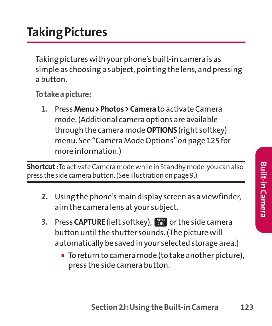 Taking camera, Taking pictures | LG LGLX265 User Manual | Page 137 / 438