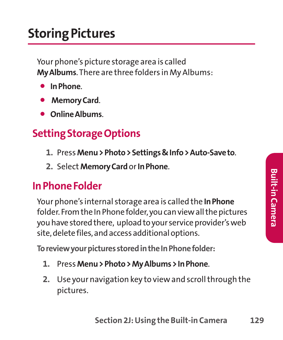 Storing pictures, Setting storage options | LG LGLX265 User Manual | Page 143 / 438