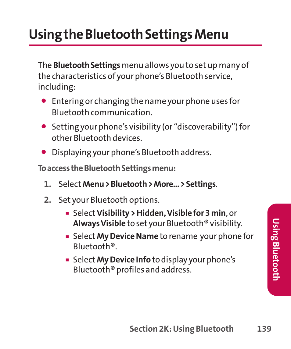 Using the bluetooth settings, Using the bluetooth settings menu | LG LGLX265 User Manual | Page 153 / 438