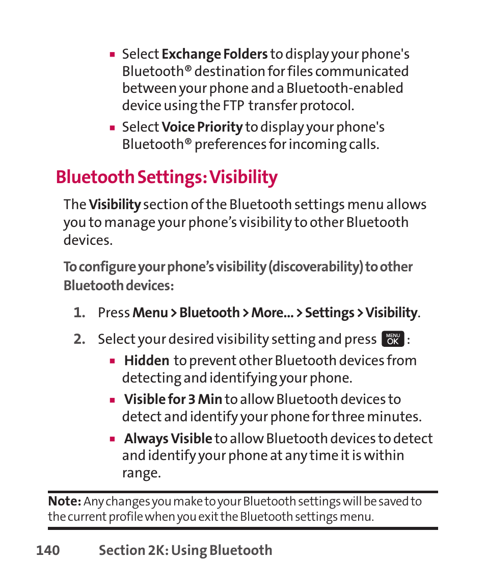 Bluetooth settings: visibility | LG LGLX265 User Manual | Page 154 / 438
