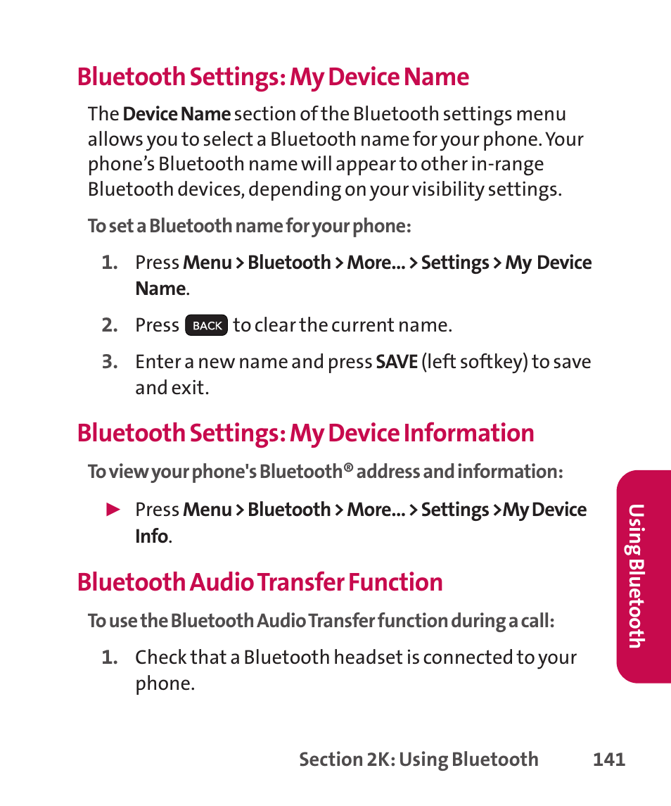Bluetooth settings: my device name, Bluetooth settings: my device information, Bluetooth audio transfer function | LG LGLX265 User Manual | Page 155 / 438