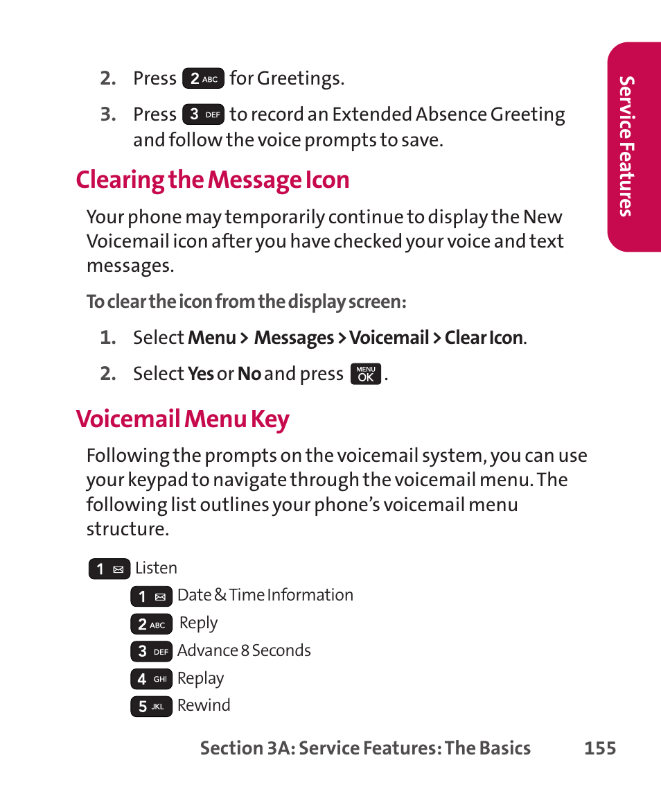 Clearing the message icon, Voicemail menu key | LG LGLX265 User Manual | Page 169 / 438