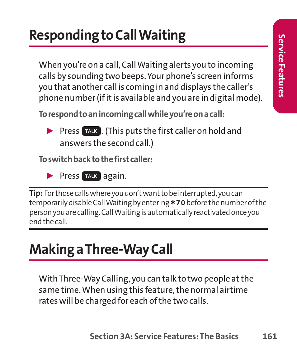 Responding to call waiting, Making a three-way call, Responding to call waiting making a three-way call | LG LGLX265 User Manual | Page 175 / 438