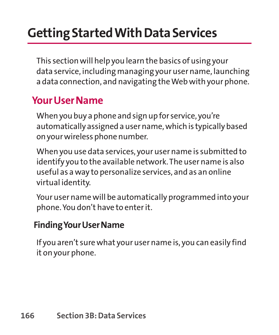Getting started with data se, Getting started with data services, Your user name | LG LGLX265 User Manual | Page 180 / 438