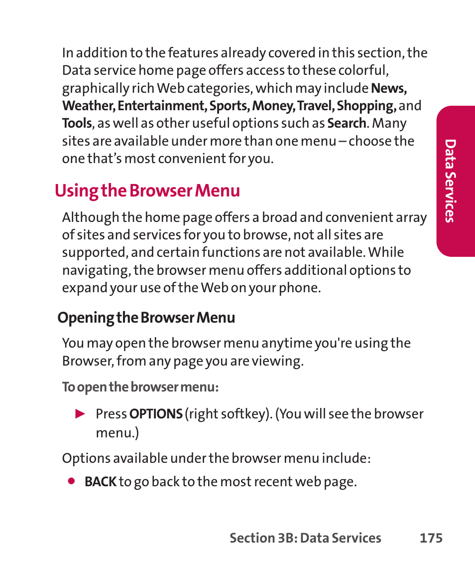 Using the browser menu | LG LGLX265 User Manual | Page 189 / 438