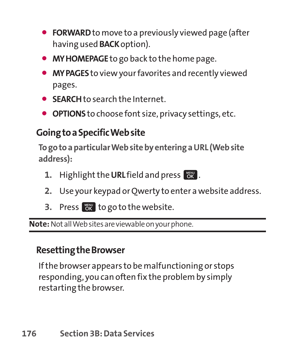 Going to a specific web site, Resetting the browser | LG LGLX265 User Manual | Page 190 / 438