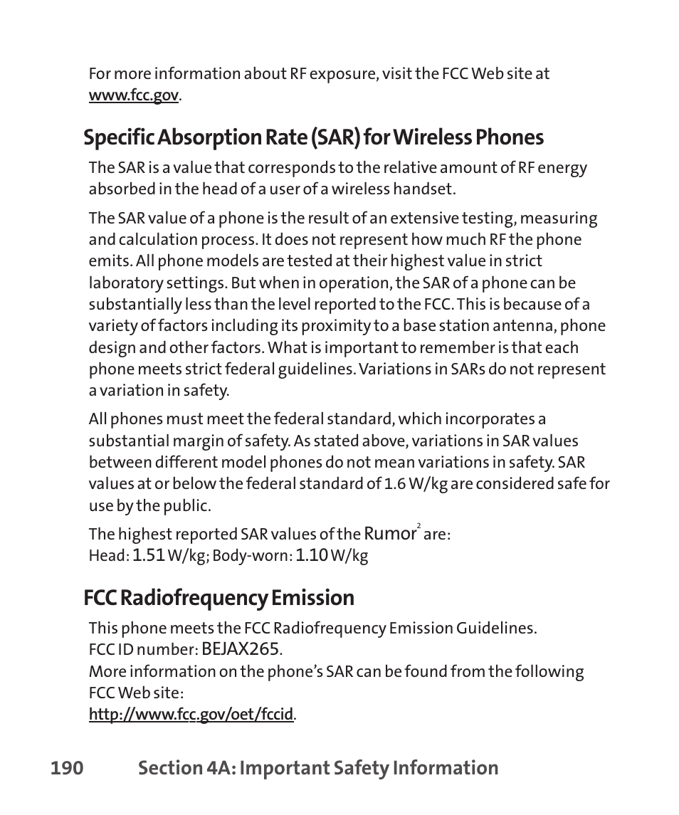 Specific absorption rate (sar) for wireless phones, Fcc radiofrequency emission | LG LGLX265 User Manual | Page 204 / 438