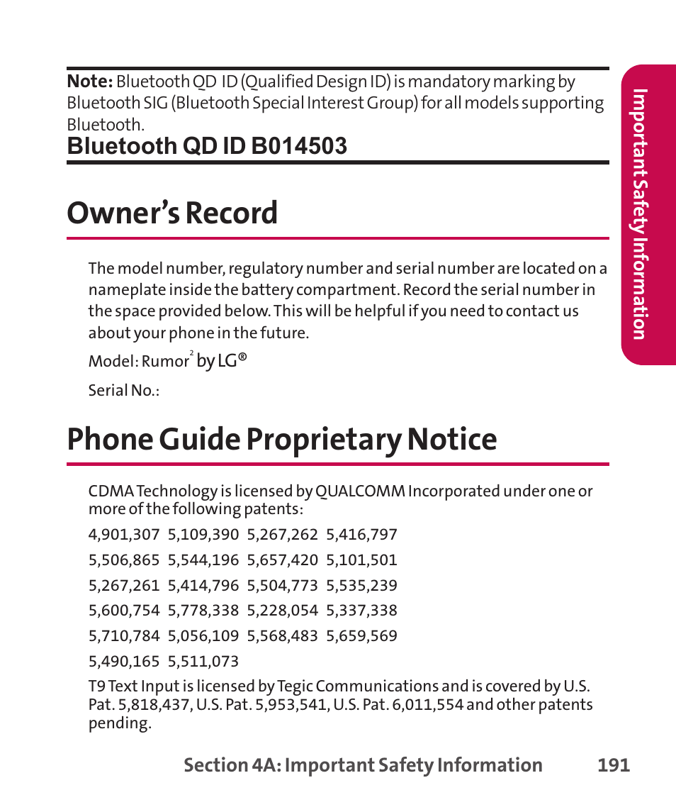 Radiofrequency (rf) ener, Radiofrequency (rf) energy, Owner’s record | Phone guide proprietary notice | LG LGLX265 User Manual | Page 205 / 438
