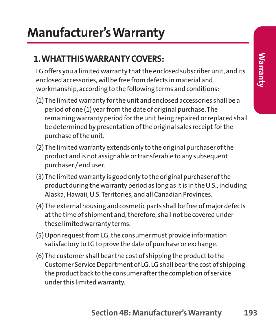 Owner’s recor, Phone guide proprietary notic, Owner’s record phone guide proprietary notice | Manufacturer’s warranty, What this warranty covers | LG LGLX265 User Manual | Page 207 / 438