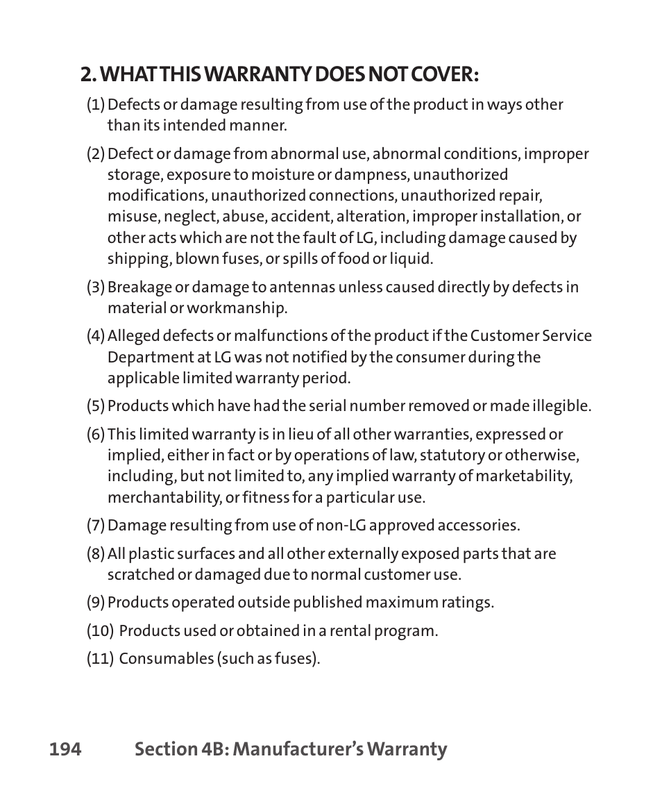 Manufacturer’s warrant, Manufacturer’s warranty, What this warranty does not cover | LG LGLX265 User Manual | Page 208 / 438