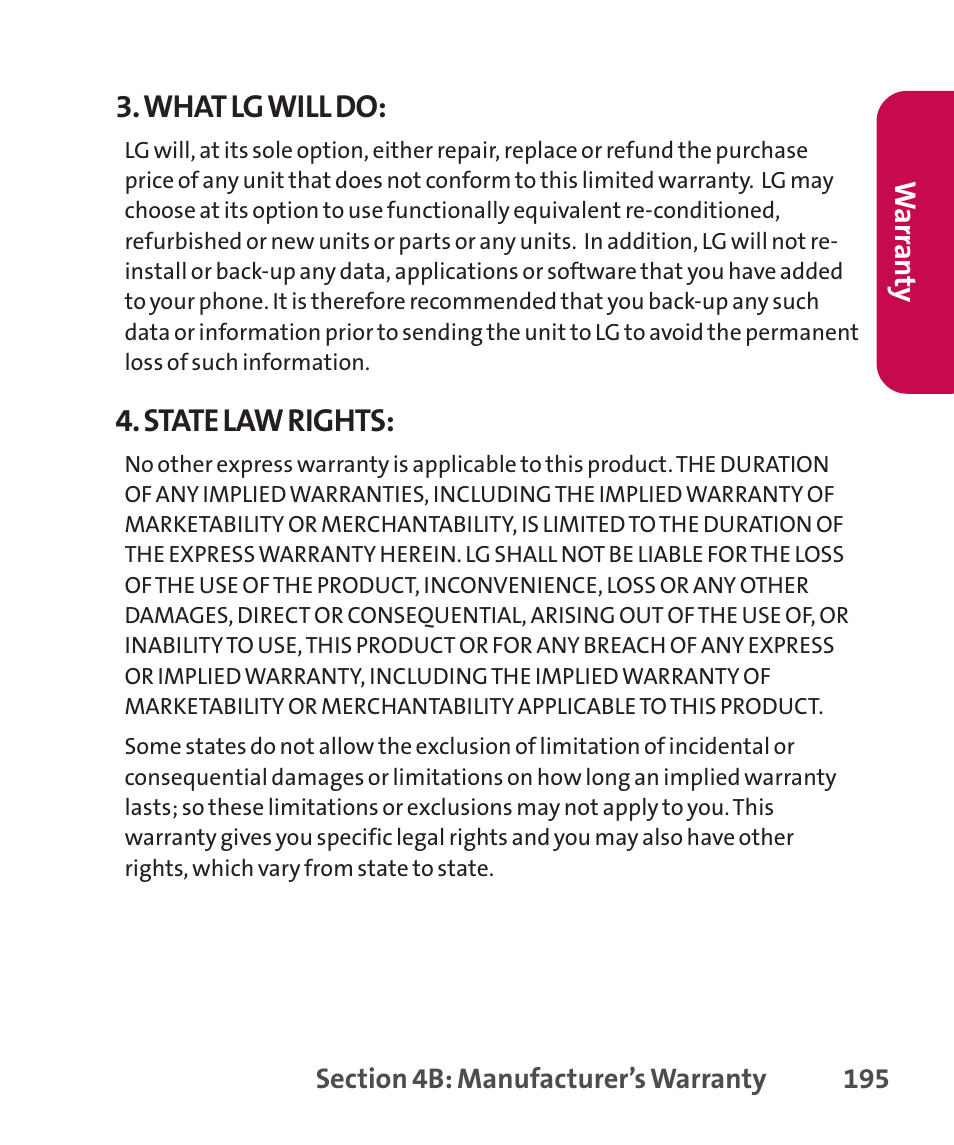 Manufacturer’s warrant, Manufacturer’s warranty | LG LGLX265 User Manual | Page 209 / 438