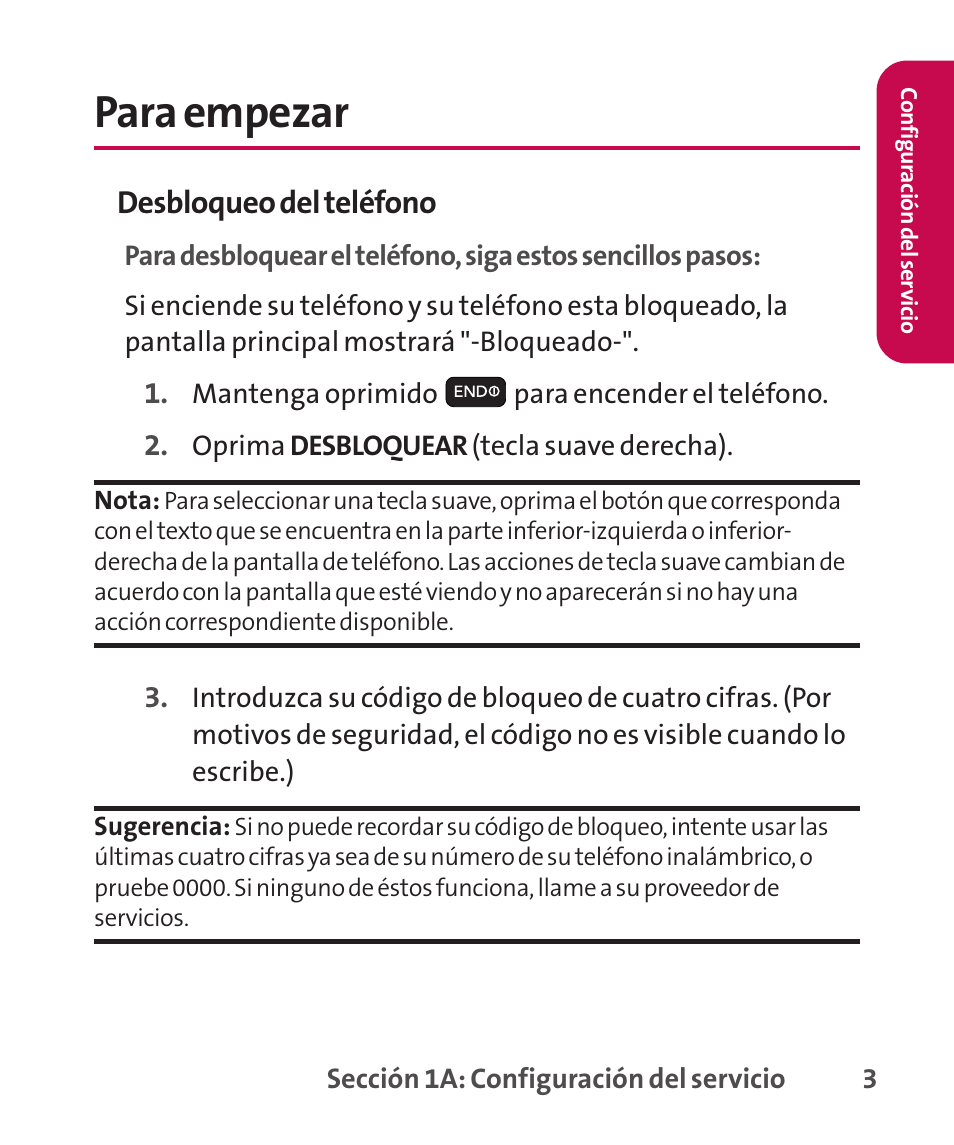 Para empezar, Desbloqueo del teléfono | LG LGLX265 User Manual | Page 230 / 438