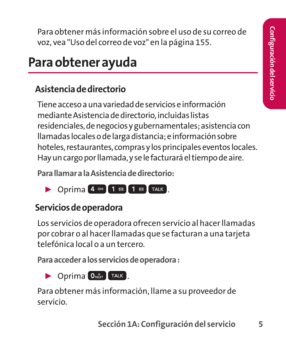 Para obtener ayuda, Asistencia de directorio, Servicios de operadora | LG LGLX265 User Manual | Page 232 / 438