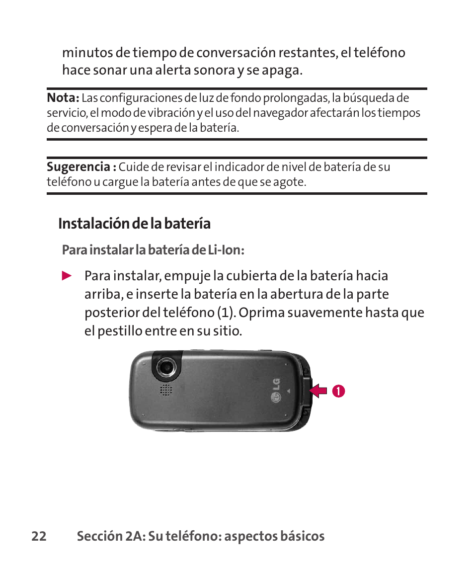 Instalación de la batería | LG LGLX265 User Manual | Page 249 / 438
