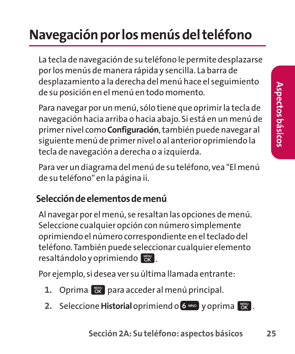 Navegación por los menús del, Navegación por los menús del teléfono | LG LGLX265 User Manual | Page 252 / 438