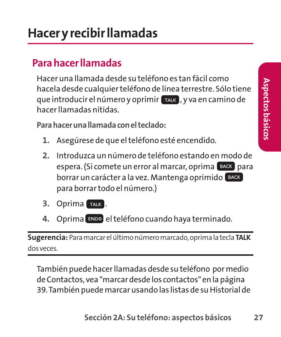 Hacer y recibir llamadas, Para hacer llamadas | LG LGLX265 User Manual | Page 254 / 438
