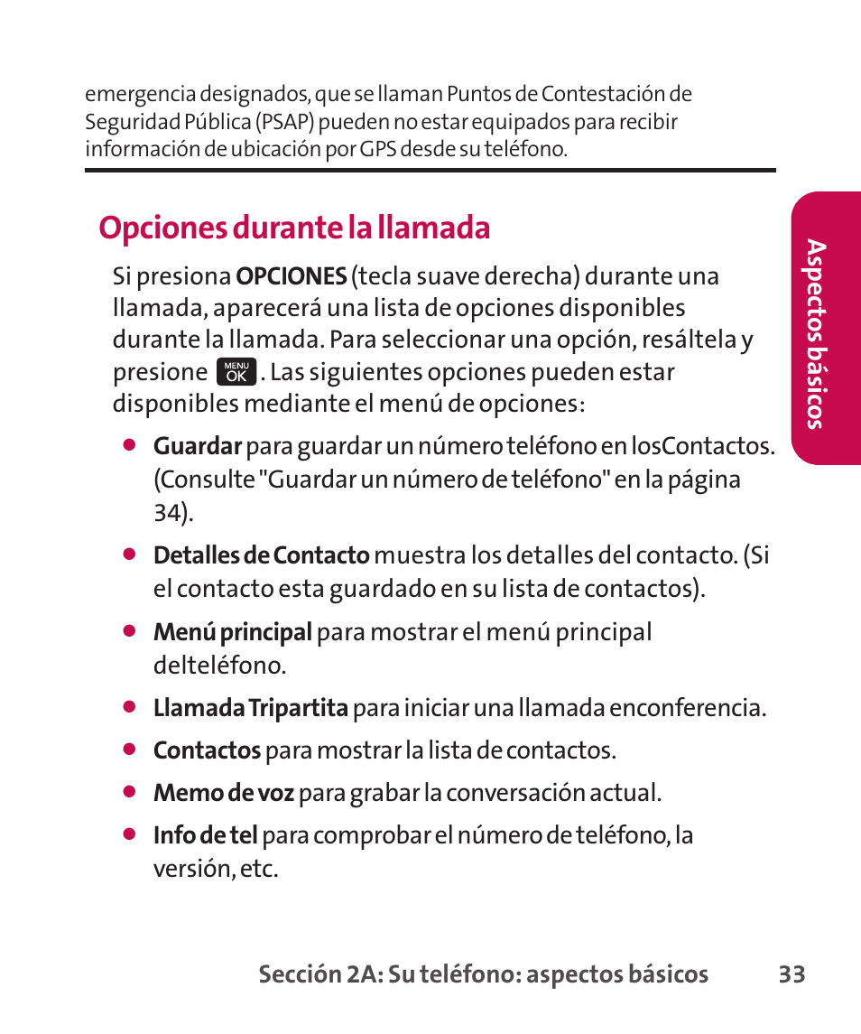 Opciones durante la llamada, Asp ec to s b ás ico s | LG LGLX265 User Manual | Page 260 / 438
