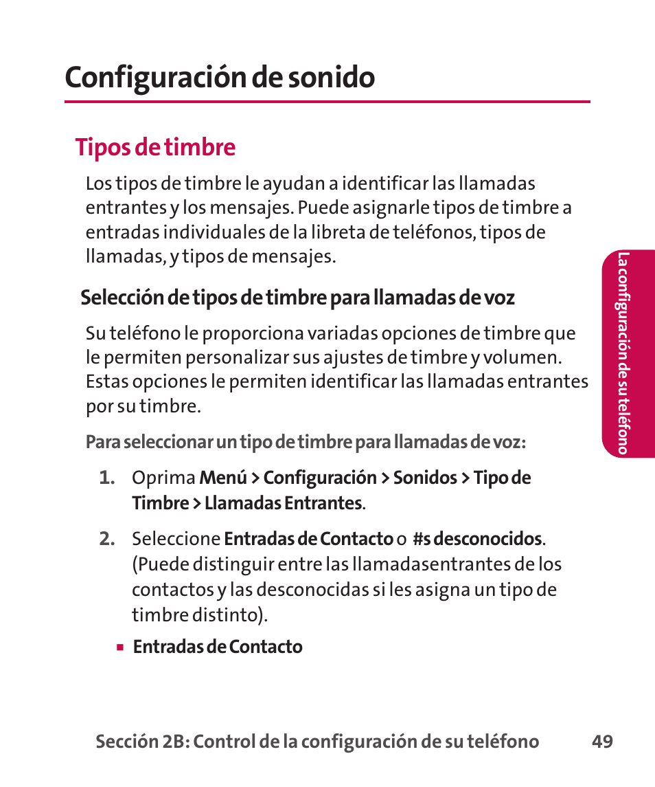 Configuración de sonido, Tipos de timbre, Selección de tipos de timbre para llamadas de voz | LG LGLX265 User Manual | Page 276 / 438