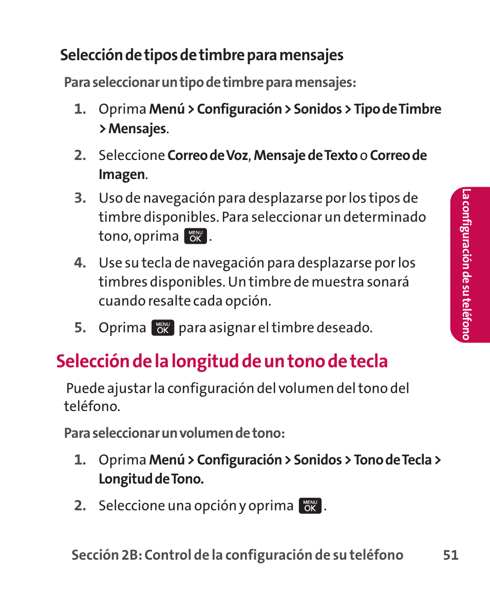 Selección de la longitud de un tono de tecla, Selección de tipos de timbre para mensajes | LG LGLX265 User Manual | Page 278 / 438