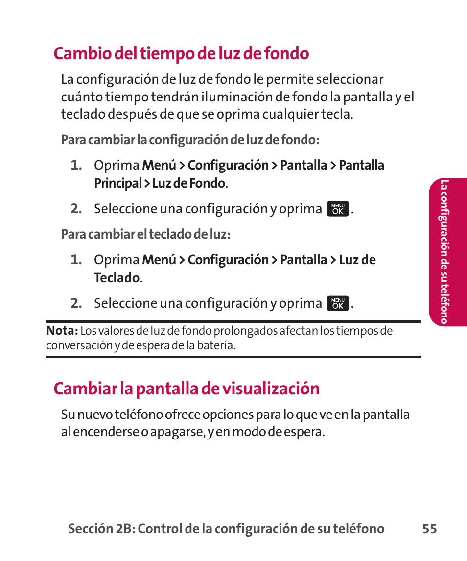 Cambio del tiempo de luz de fondo, Cambiar la pantalla de visualización | LG LGLX265 User Manual | Page 282 / 438