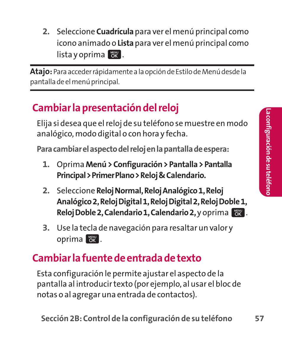 Cambiar la presentación del reloj, Cambiar la fuente de entrada de texto | LG LGLX265 User Manual | Page 284 / 438