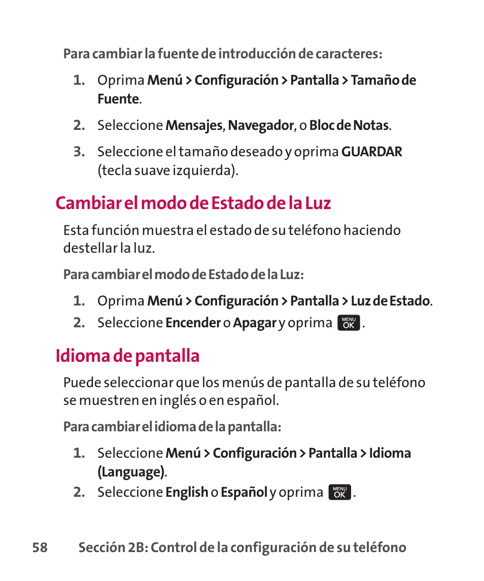 Cambiar el modo de estado de la luz, Idioma de pantalla | LG LGLX265 User Manual | Page 285 / 438