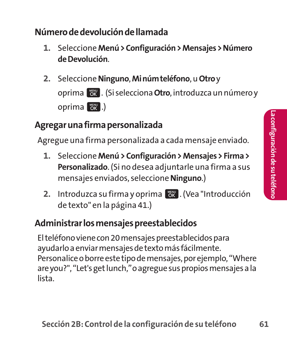 Número de devolución de llamada, Agregar una firma personalizada, Administrar los mensajes preestablecidos | LG LGLX265 User Manual | Page 288 / 438