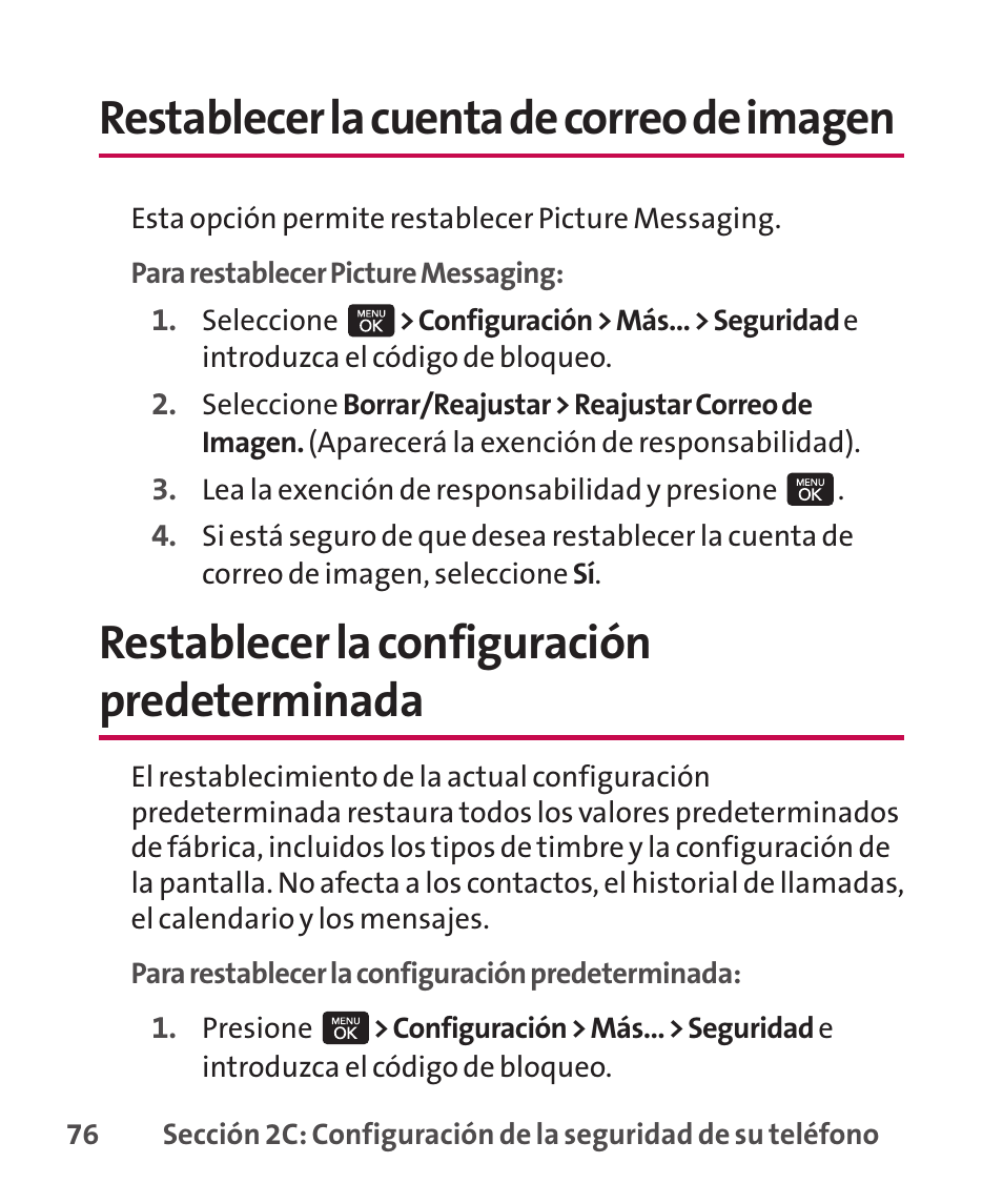 Restablecer la cuenta de cor, Restablecer la configuración, Restablecer la cuenta de correo de imagen | Restablecer la configuración predeterminada | LG LGLX265 User Manual | Page 303 / 438