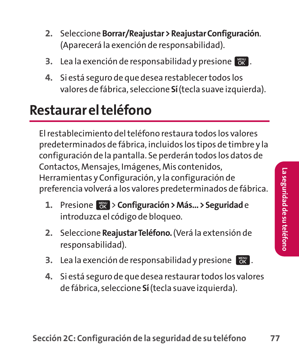 El teléfono, Restaurar el teléfono | LG LGLX265 User Manual | Page 304 / 438