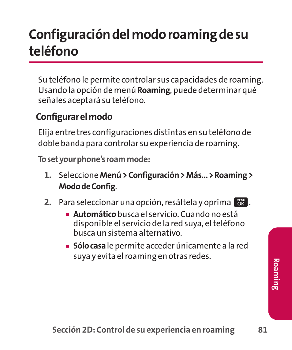 Configuración del modo roami, Configuración del modo roaming de su teléfono | LG LGLX265 User Manual | Page 308 / 438