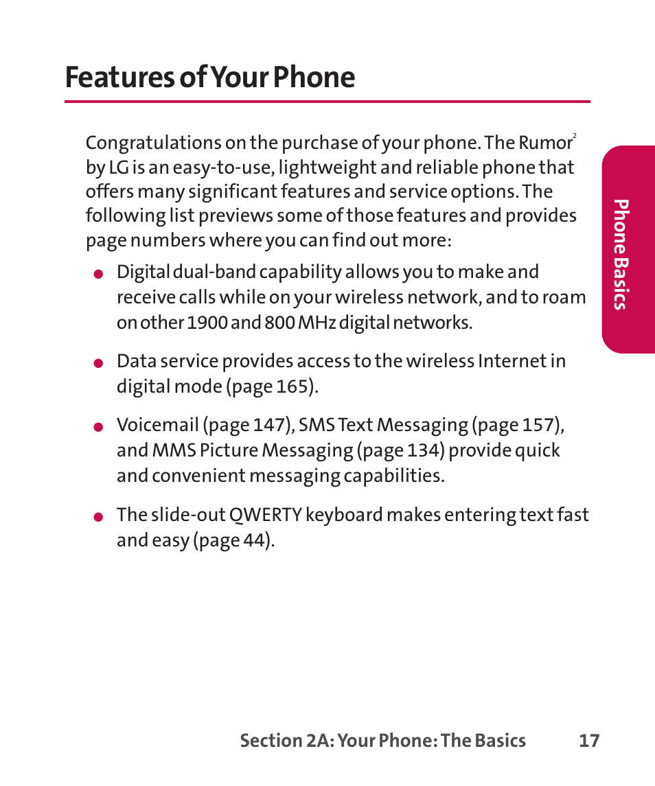 Features of your phone, Ph on e b as ics | LG LGLX265 User Manual | Page 31 / 438