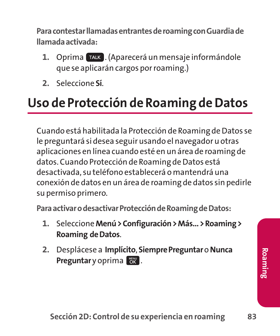 Uso de protección de roaming, Uso de protección de roaming de datos | LG LGLX265 User Manual | Page 310 / 438