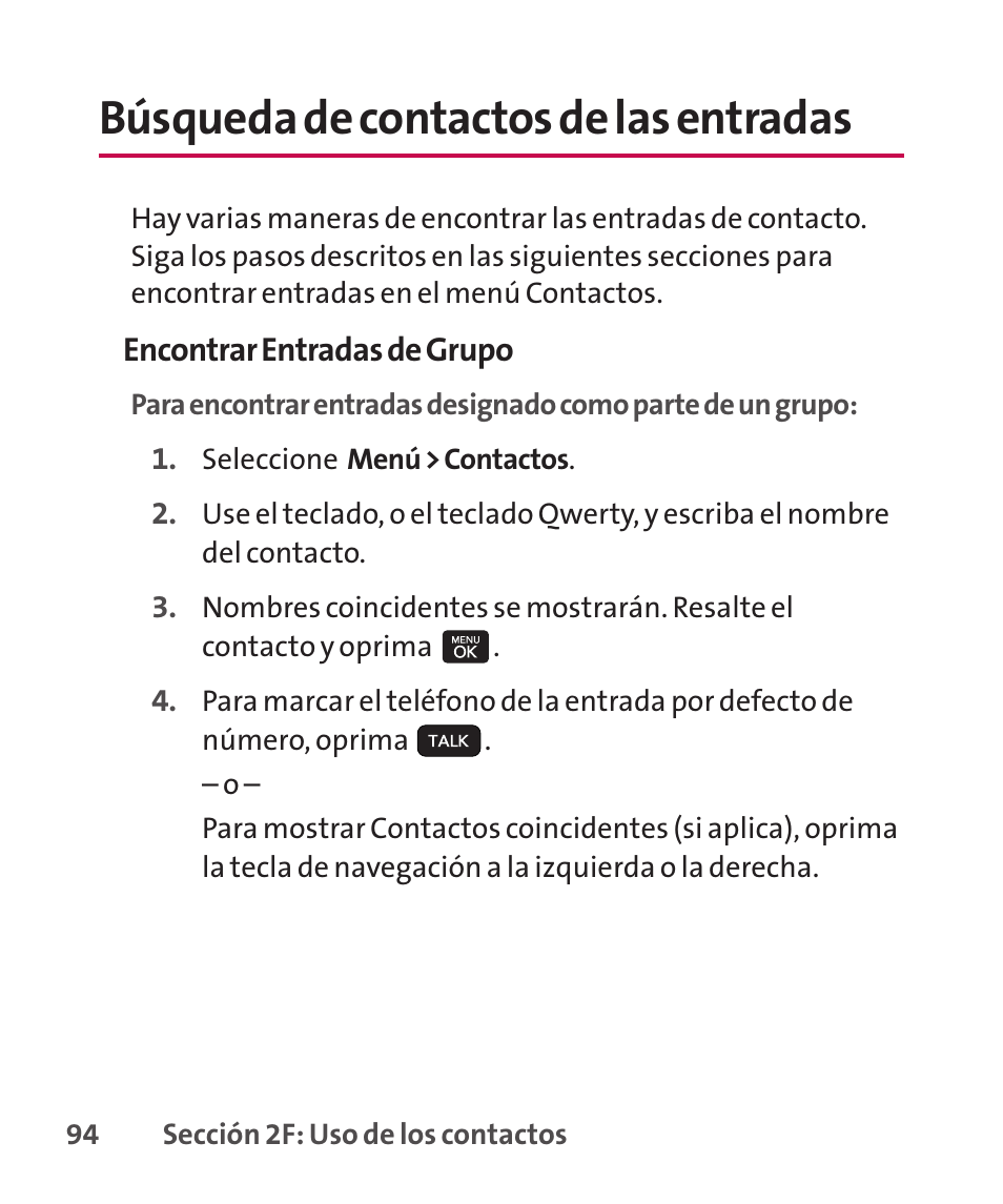 Opciones de entradas de cont, Opciones de entradas de contactos, Búsqueda de contactos de las entradas | LG LGLX265 User Manual | Page 321 / 438