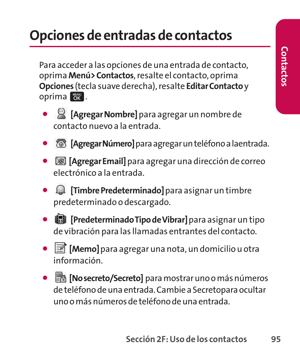Opciones de entradas de contactos, Co n ta ct os | LG LGLX265 User Manual | Page 322 / 438