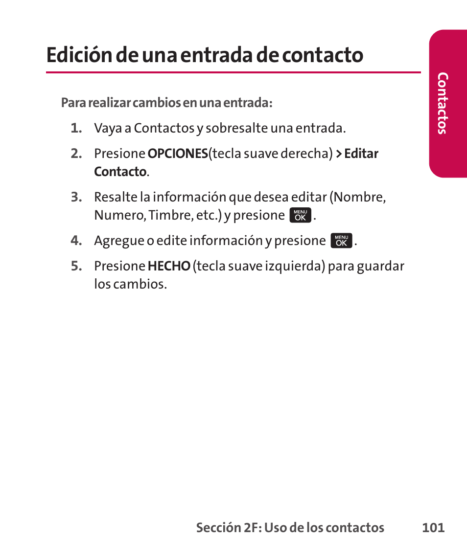 Edición de una entrada de co, Edición de una entrada de contacto | LG LGLX265 User Manual | Page 328 / 438